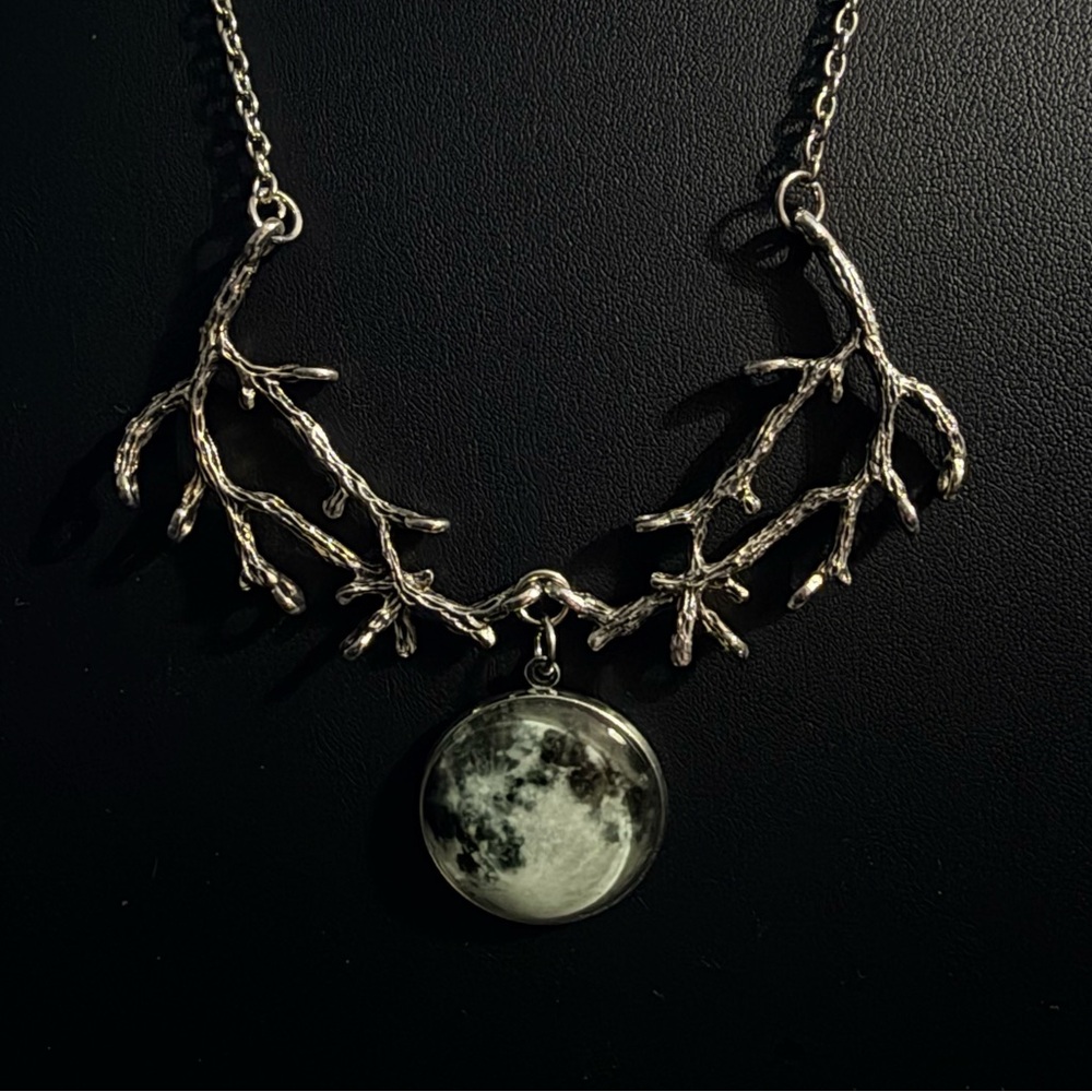 Silvertone Branch Necklace with Moon Pendant